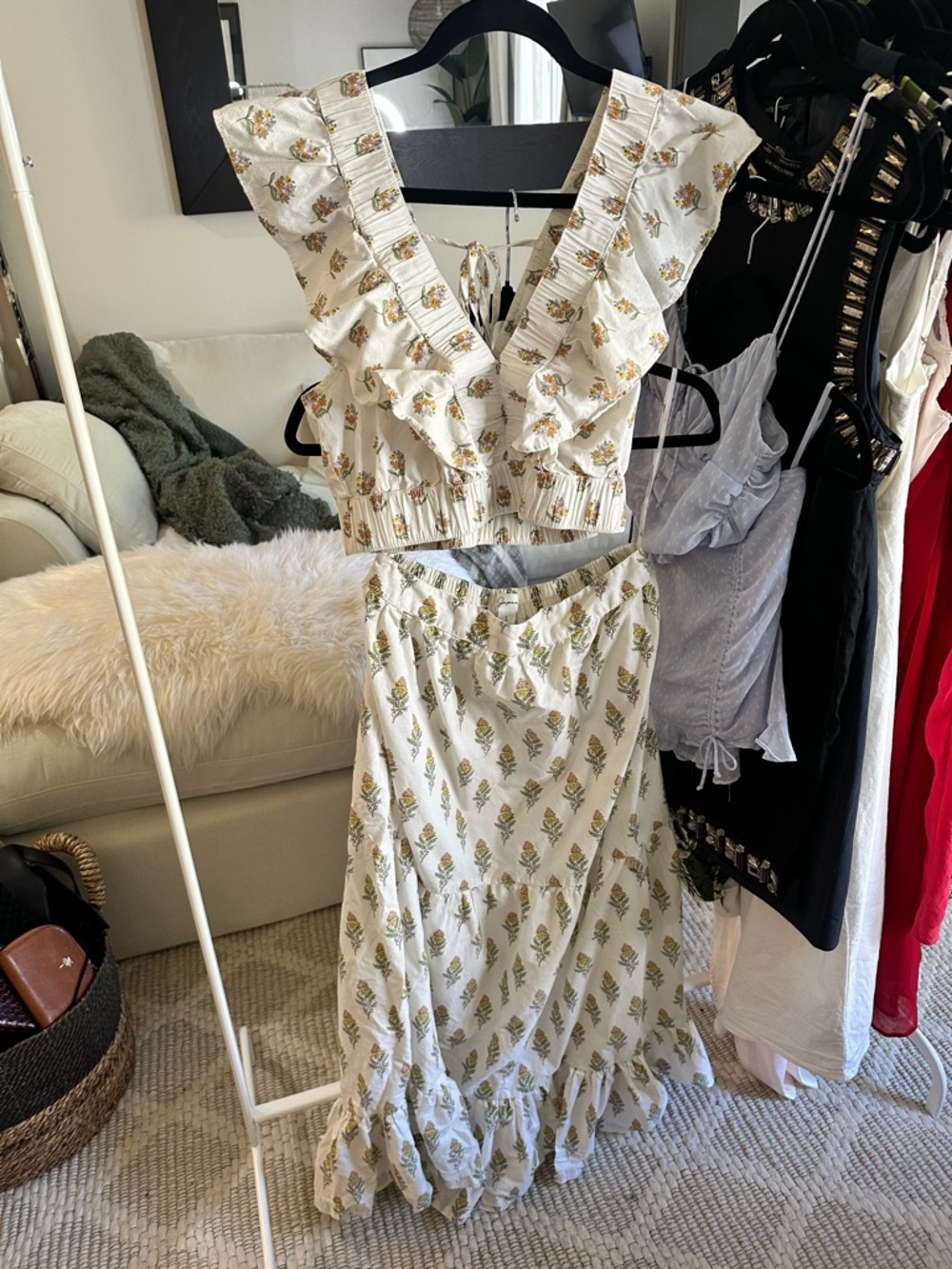 Japna White Floral Ruffle Crop Top & Skirt Set L